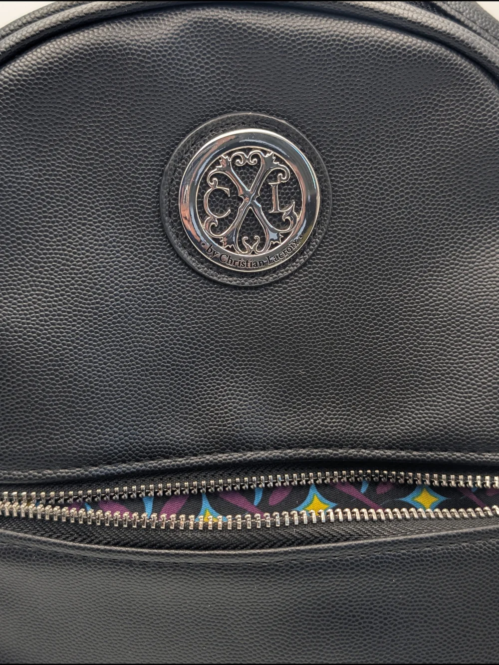 CXL by Christian Lacroix Black Pebbled Backpack Zip Top Silver Hardware